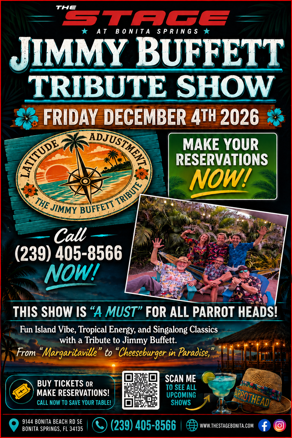 Jimmy Buffett tribute show poster, Friday Dec. 4, 2026, with reservation and ticket details.