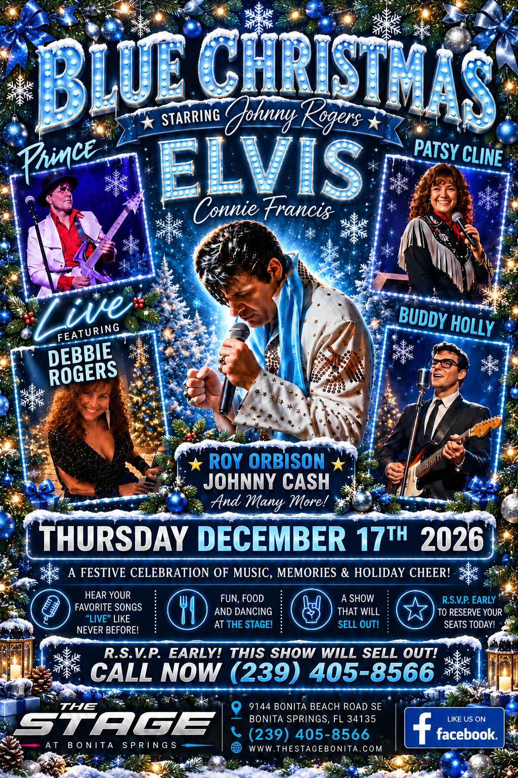 Blue Christmas Elvis tribute concert poster with performers and December 17th, 2026 date