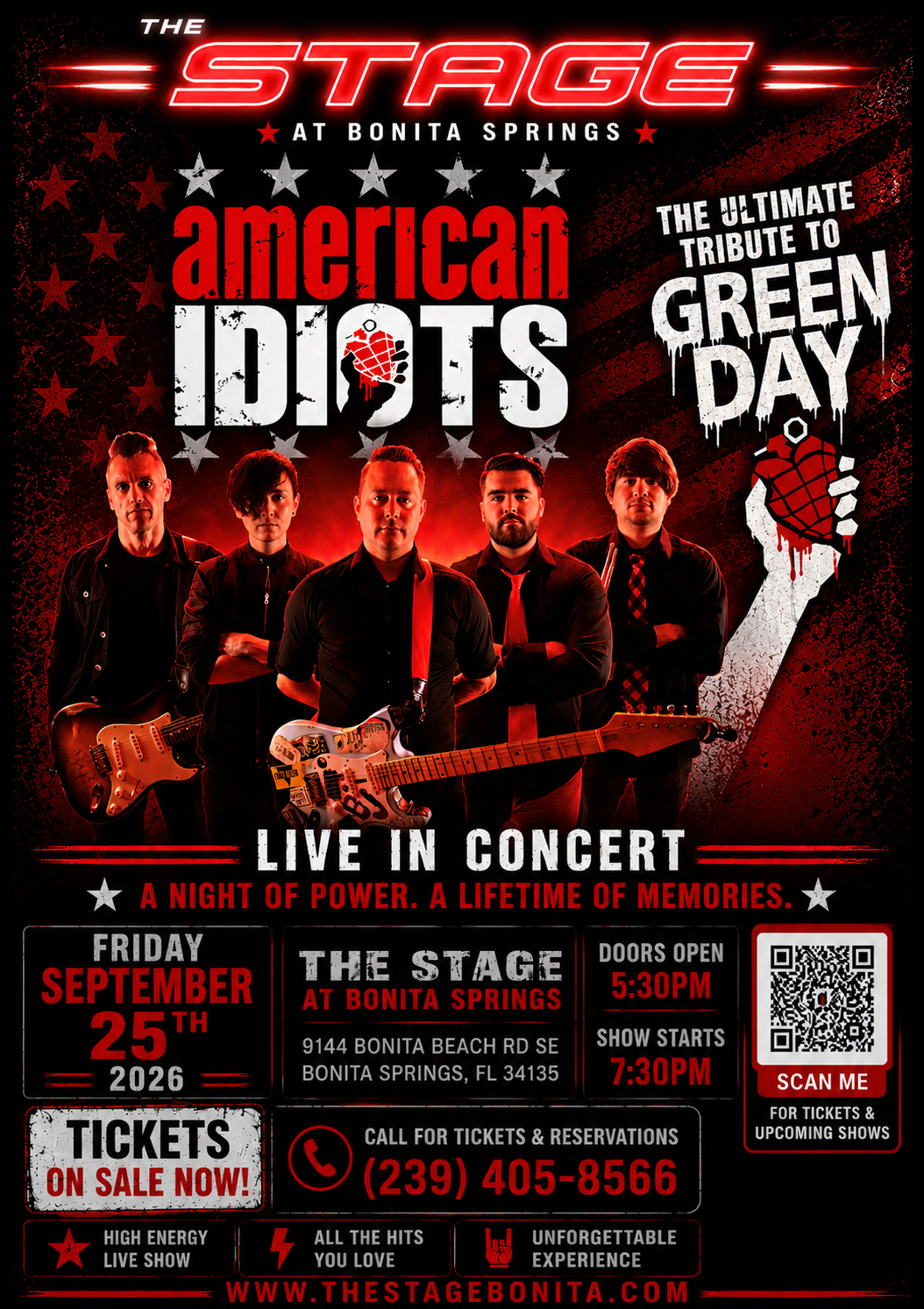 Poster for The Stage featuring American Idiots and Green Day tribute, with live concert details on a red-and-black background