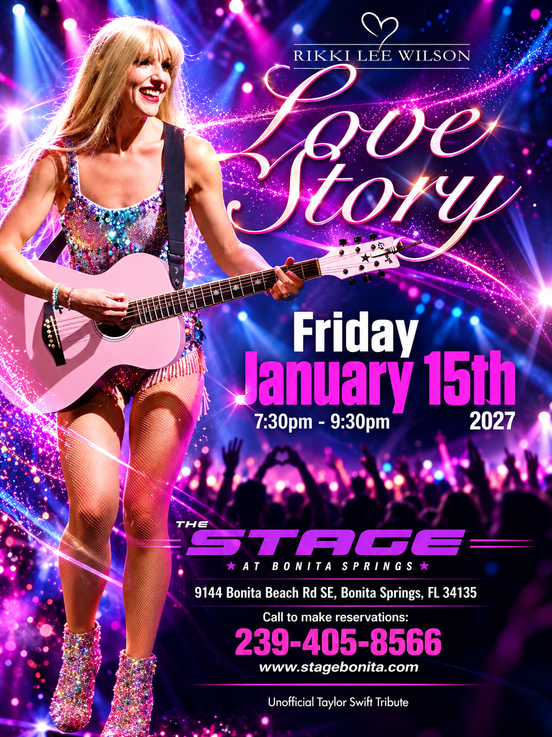 Concert poster for “Love Story” featuring a singer with guitar, Friday January 15th, 2027, at Stage in Bonita Springs