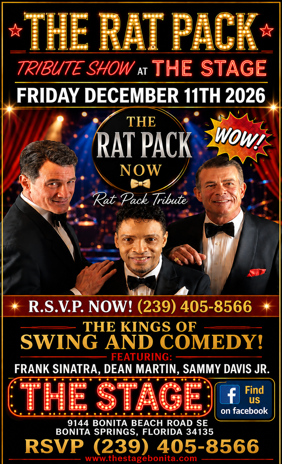 Rat Pack tribute show poster with three performers, bold red and gold text, Friday Dec. 11, 2026.