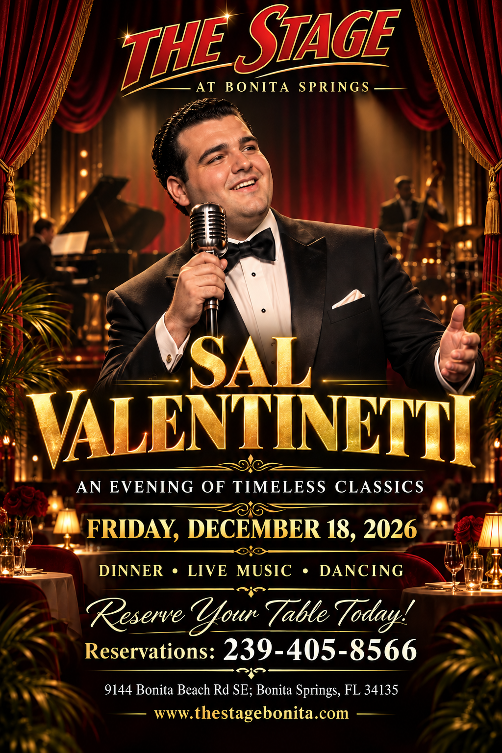 Poster for Sal Valentinetti’s holiday concert, with singer onstage in tuxedo amid red curtains and piano lights