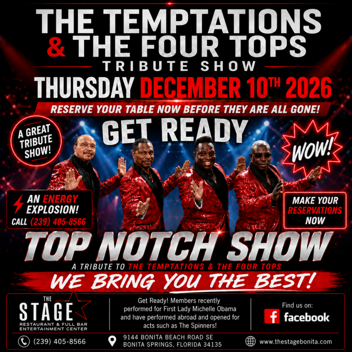 The Temptations & The Four Tops tribute show poster with bold red-and-black design and December 10, 2026 date