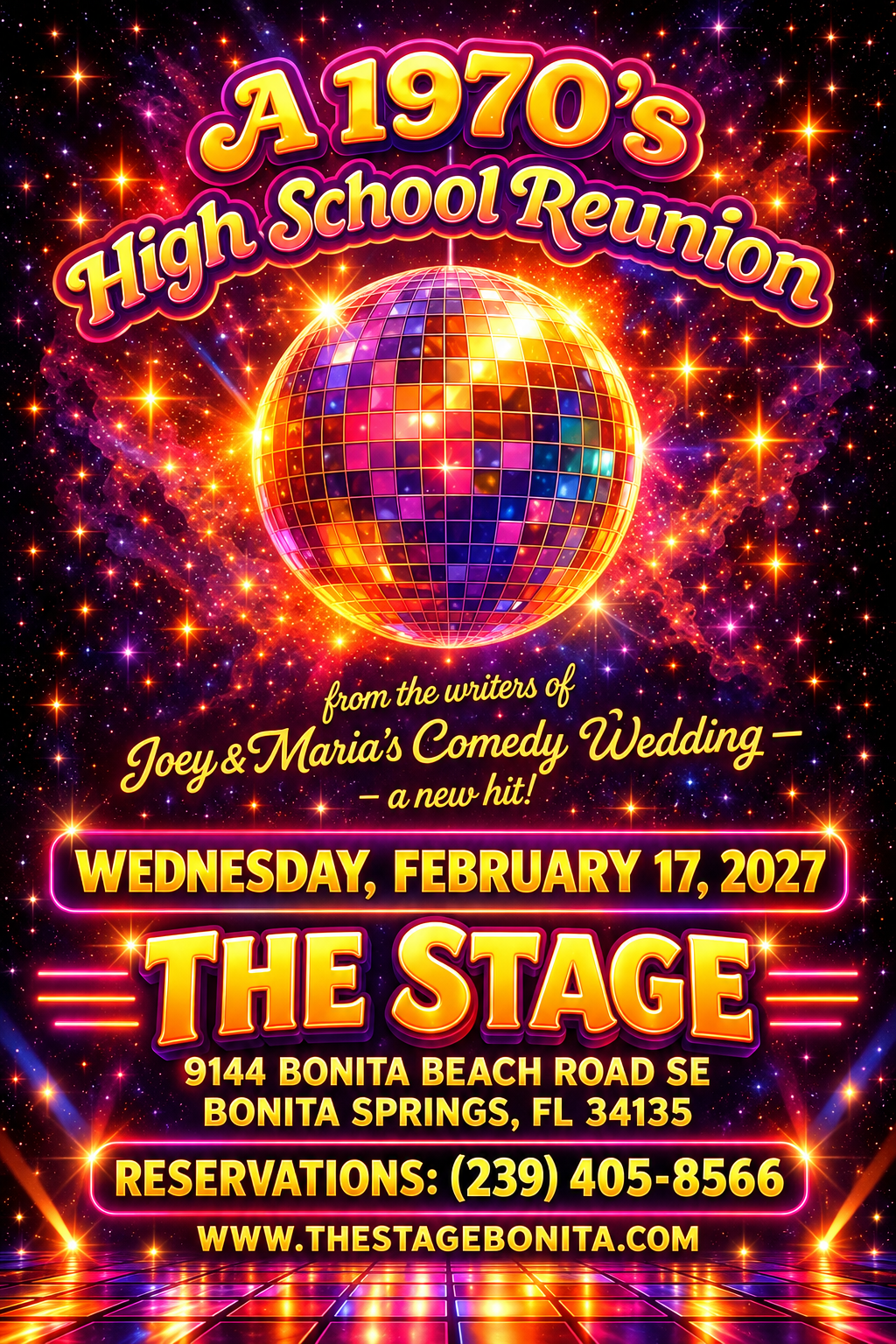 70s-style high school reunion flyer with disco ball, neon stars, and event details for Feb. 17, 2027 at The Stage