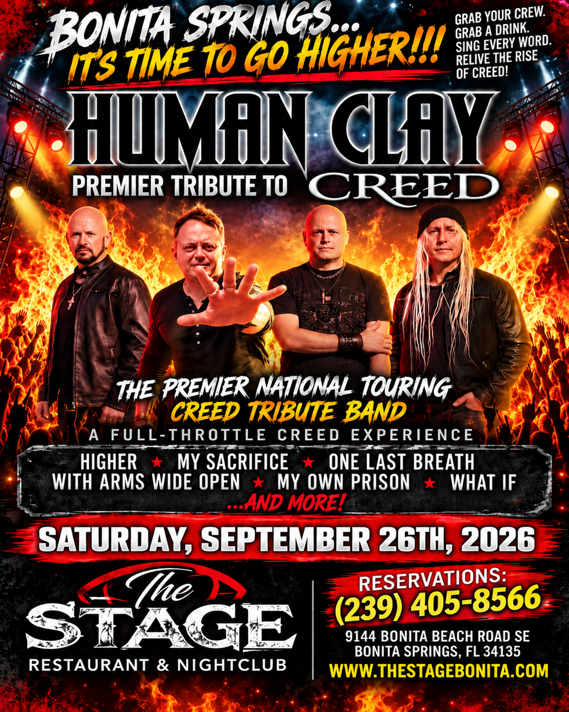 Human Clay tribute to Creed concert poster at The Stage, with four band members and fiery orange lights