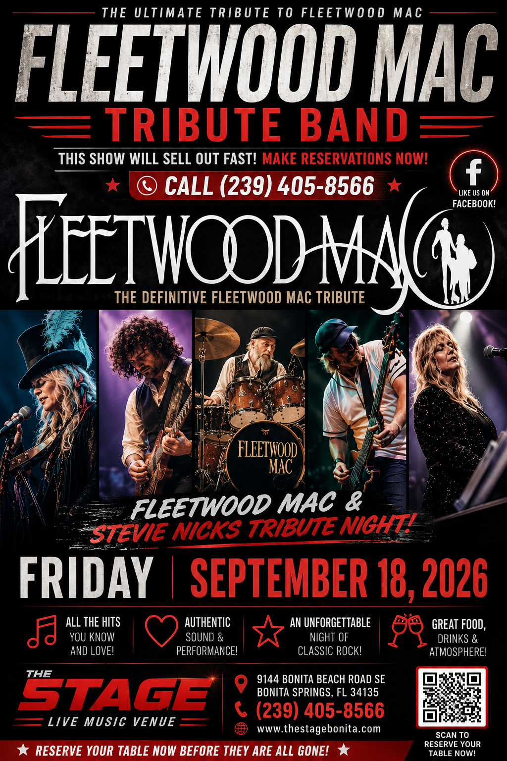 Fleetwood Mac tribute band poster with bold red, white, and black text and performer photos