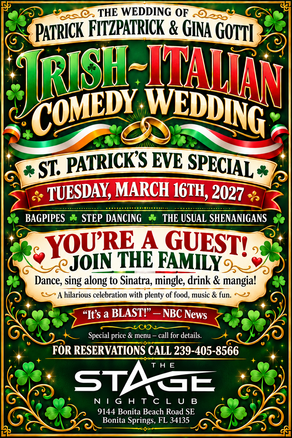 Green-and-red poster for Patrick Fitzpatrick and Gina Gotti’s Irish-Italian comedy wedding, Mar. 16, 2027.
