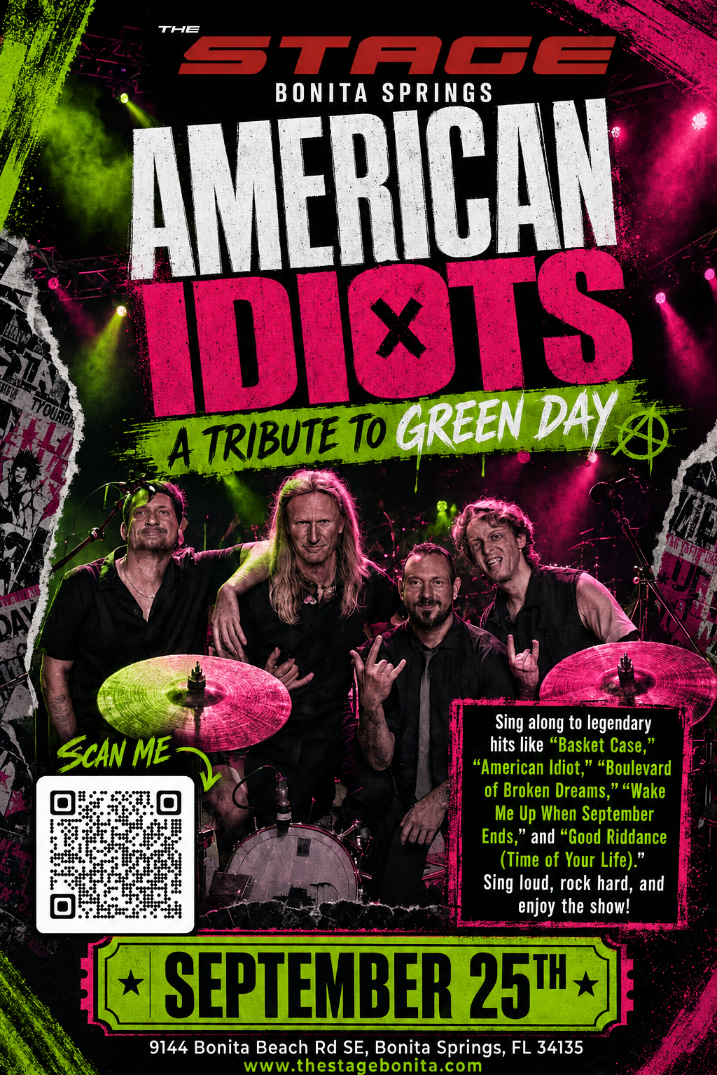 Poster for The Stage featuring American Idiots and Green Day tribute, with live concert details on a red-and-black background