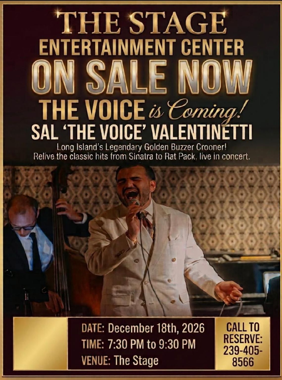 Stage entertainment center sale poster with a man speaking at a podium and event date, time, and contact details.