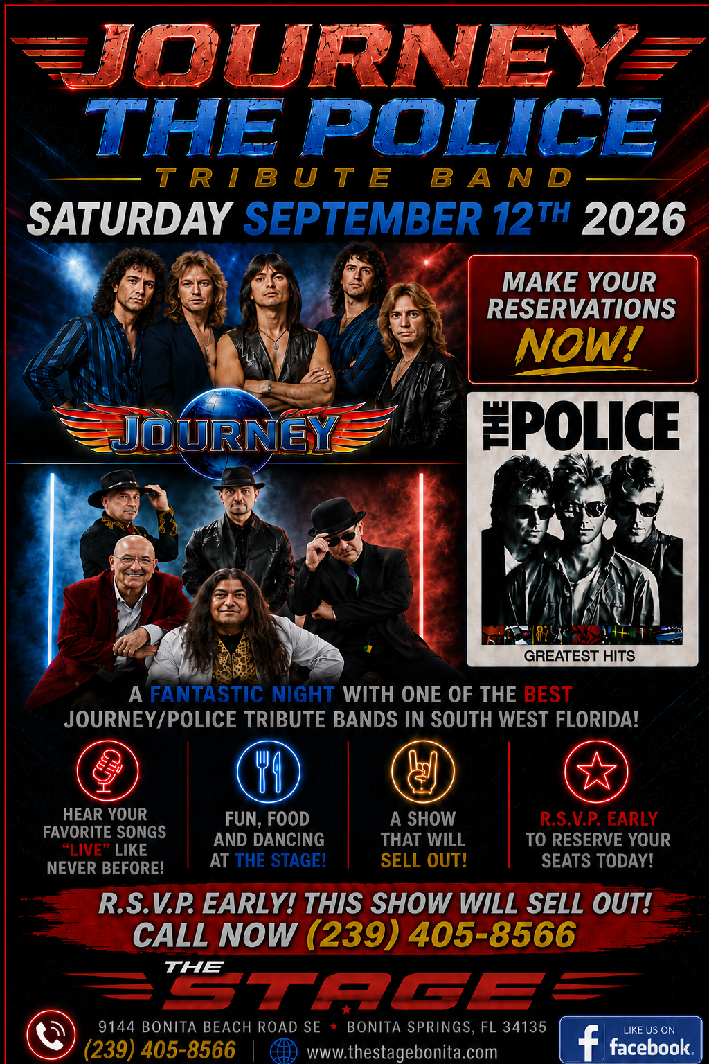 Journey tribute concert poster with band photos, October 12, 2026, at the top and police tribute at right.