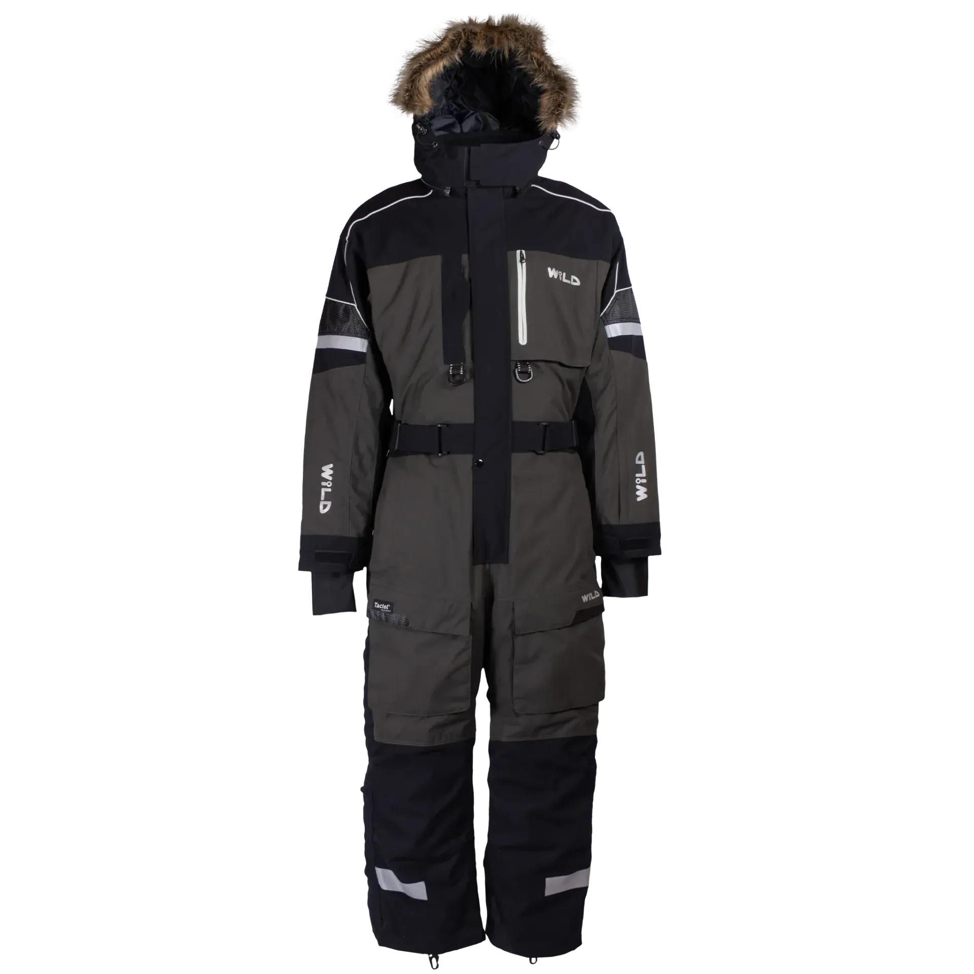 Dark green and black insulated winter overall with fur-lined hood and reflective details.