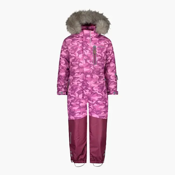 Pink and purple camouflage snowsuit with faux fur-lined hood.