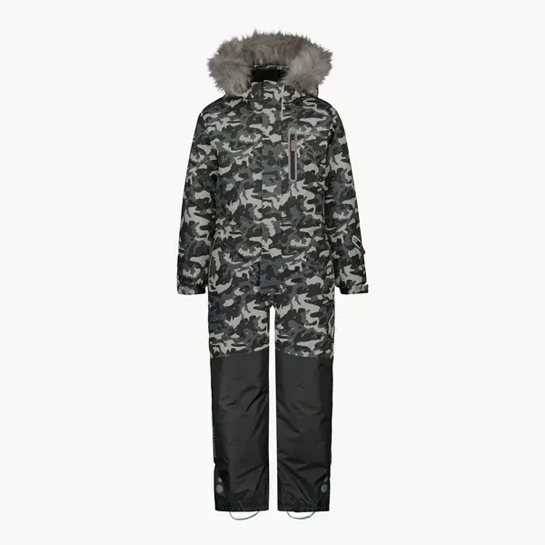 Camouflage snowsuit with black legs and fur-lined hood.