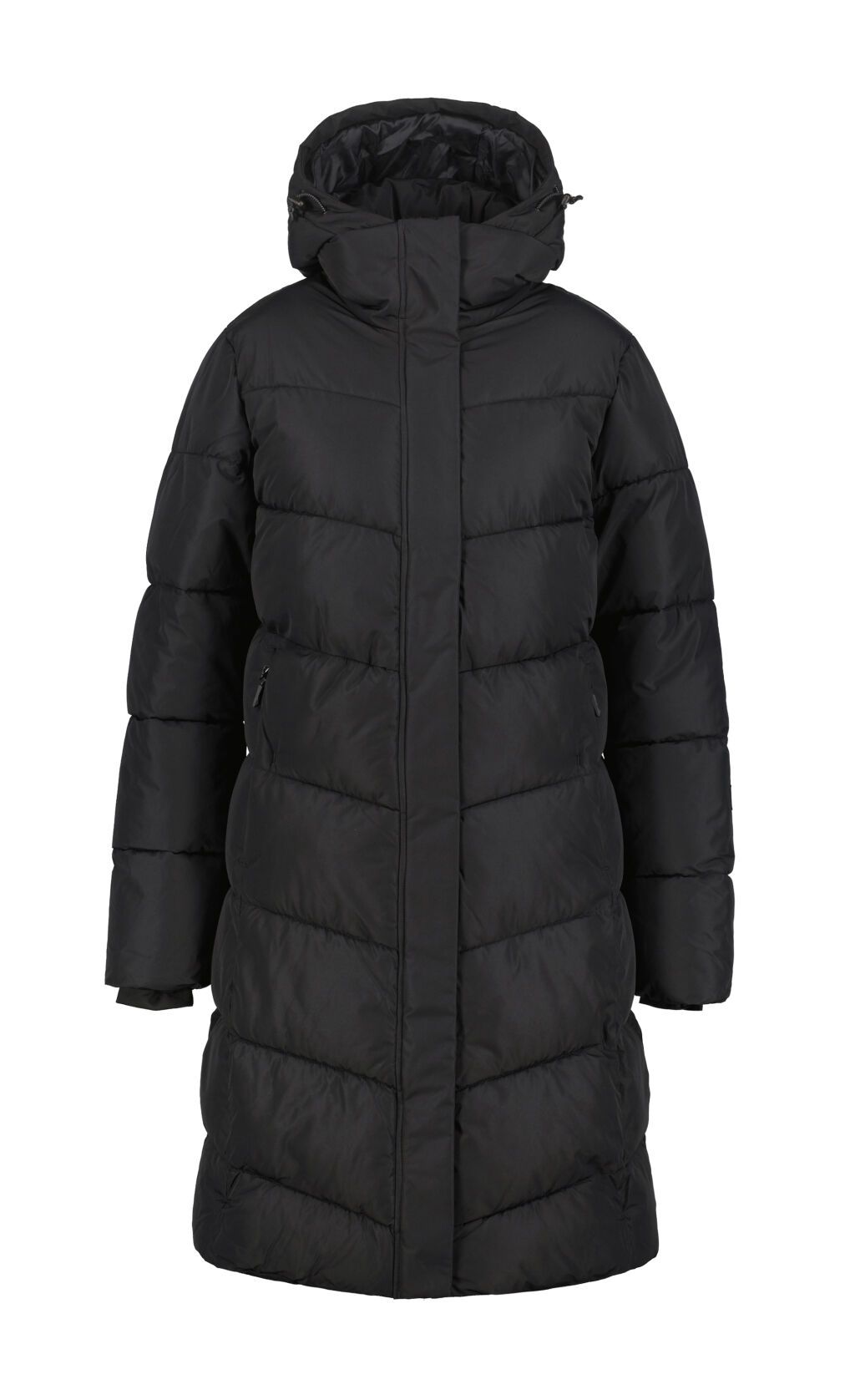 Black, long puffer coat with a hood; angled stitching.