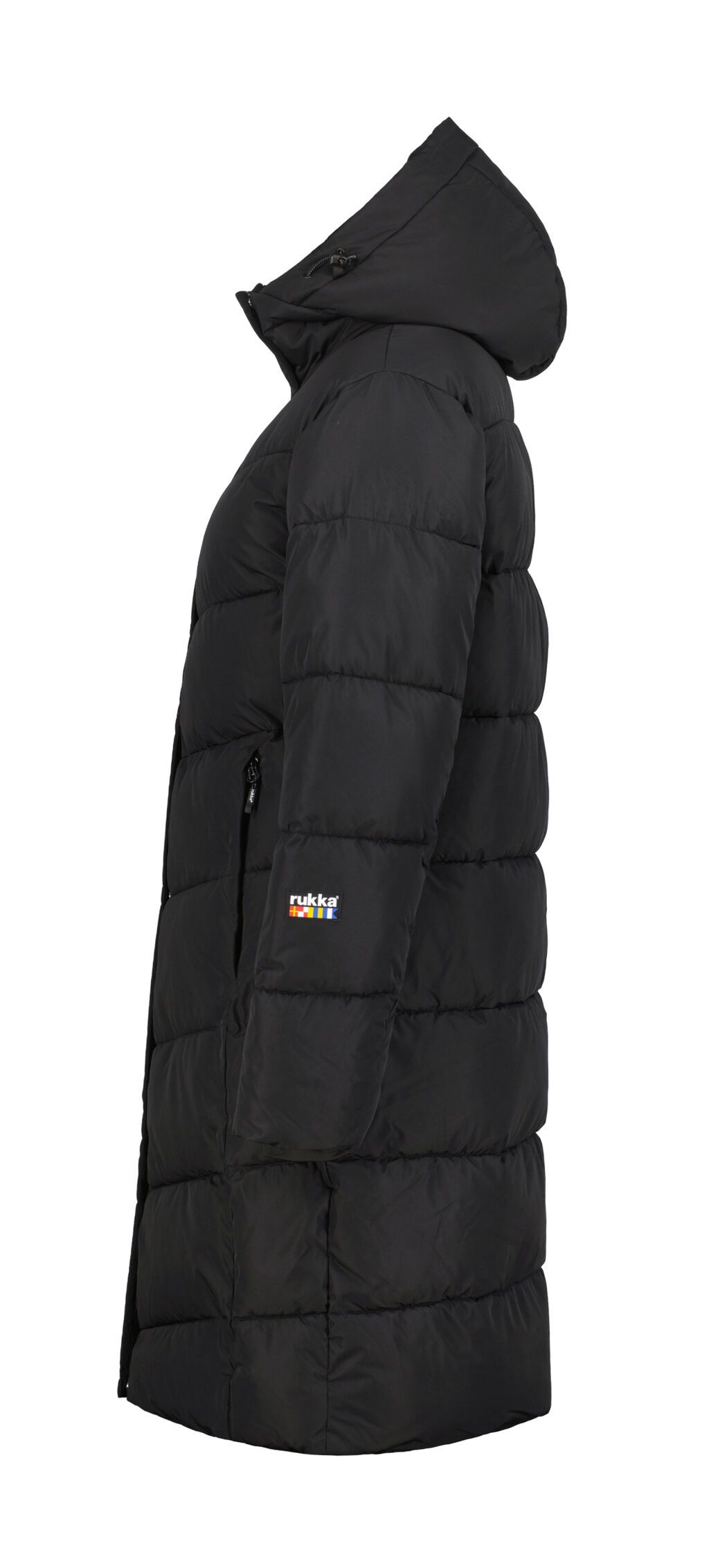 Black, long, quilted winter coat with a hood; side view.