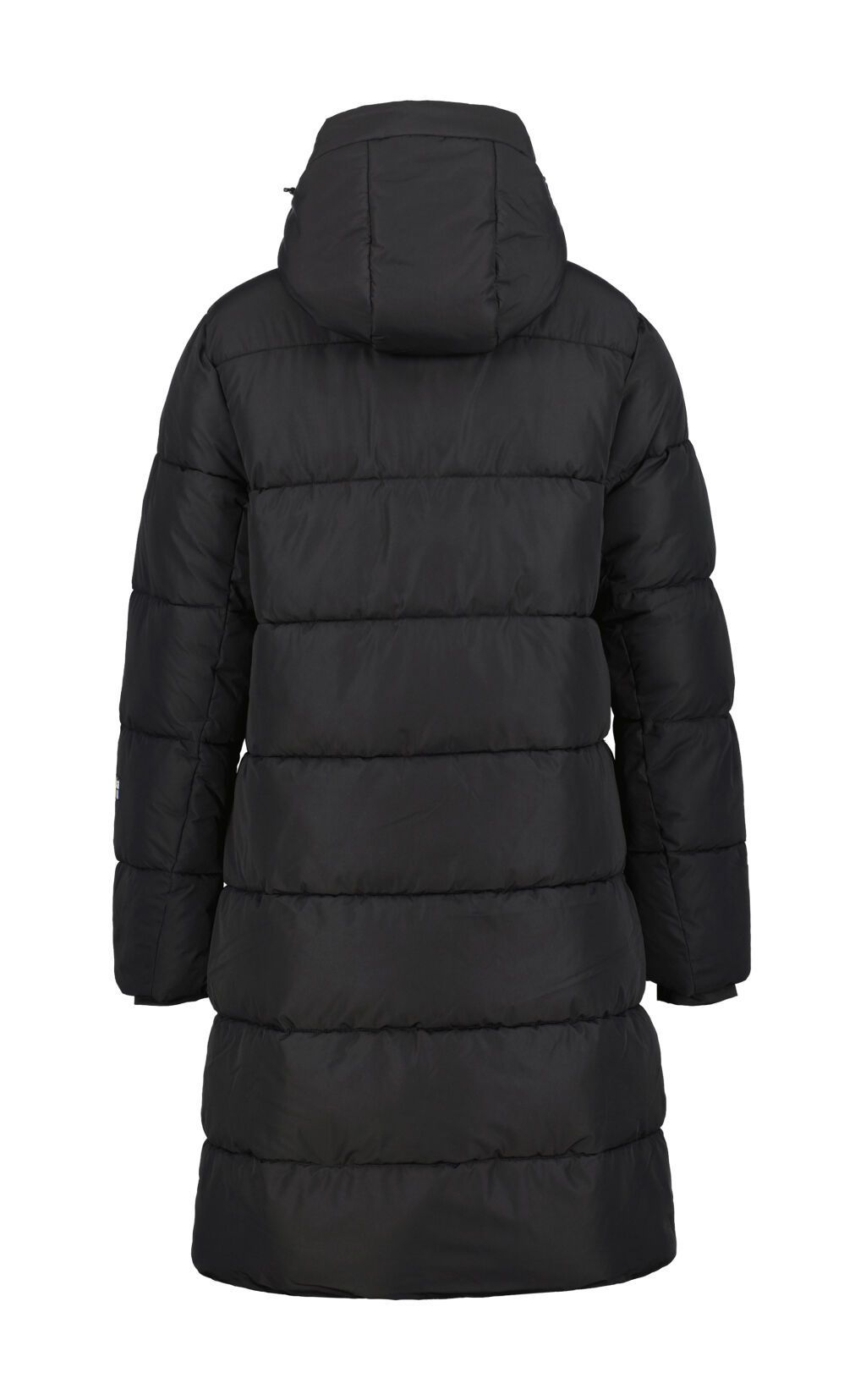 Black, long puffer coat with a hood; back view.