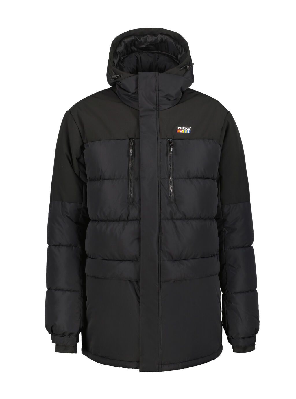 Black puffer jacket with a hood.