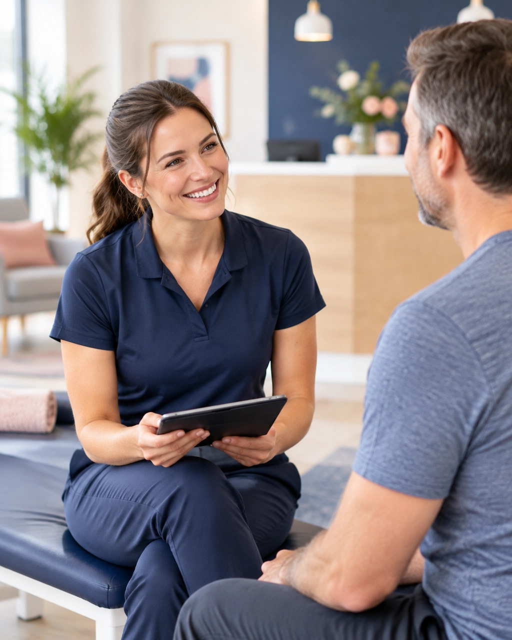 Hands using a smartphone to book a medical appointment in a bright waiting room.