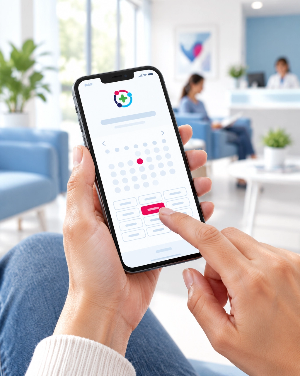 Hands using a smartphone to book a medical appointment in a bright waiting room.