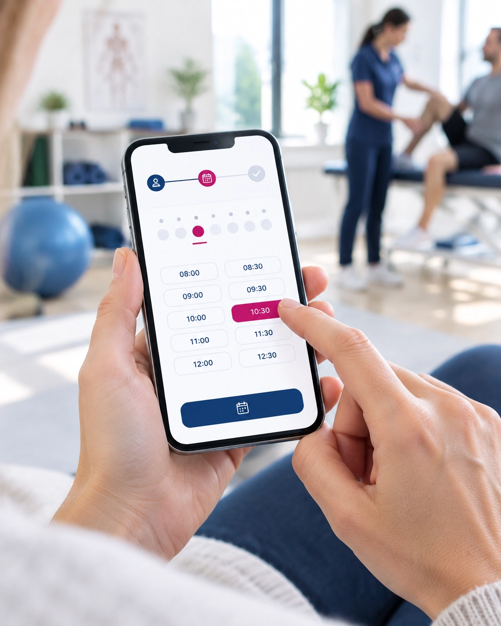 Hand holding smartphone with fitness app open, adjusting workout settings in a gym-like setting