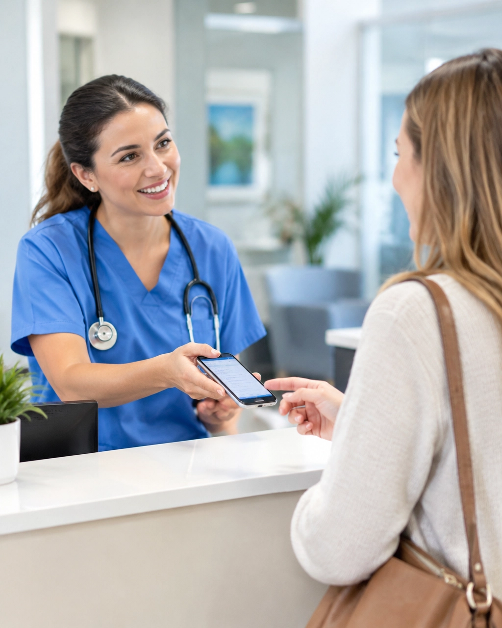 Hands using a smartphone to book a medical appointment in a bright waiting room.