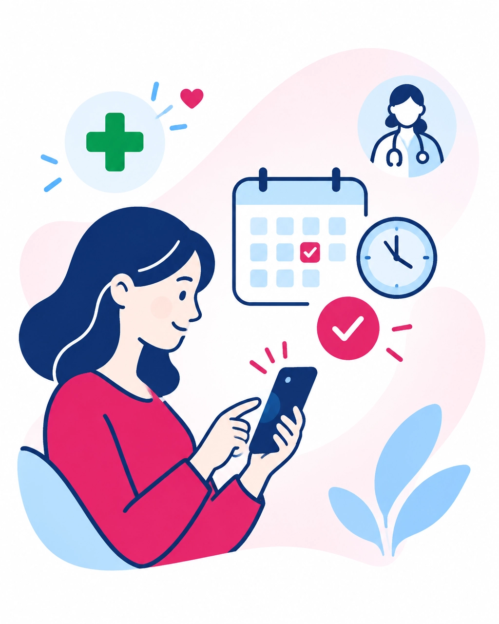 Woman using a smartphone with health app icons for doctor, calendar, clock, and checkmarks.