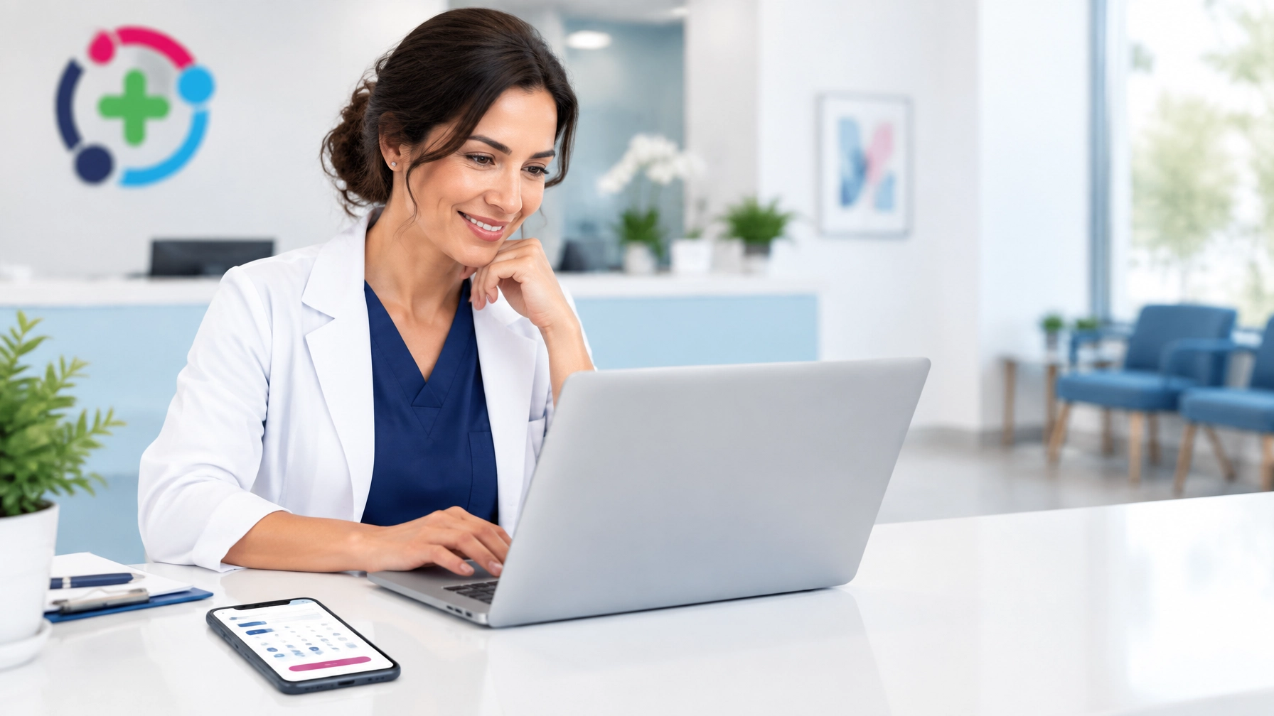 Healthcare professional smiling while working on a laptop at a bright desk in a clinic office