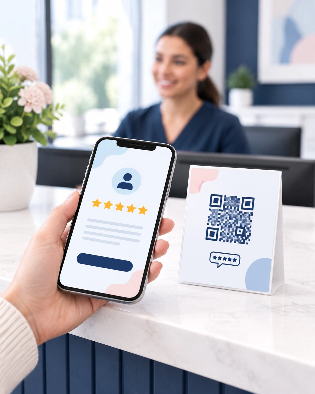 Hands using a smartphone to book a medical appointment in a bright waiting room.