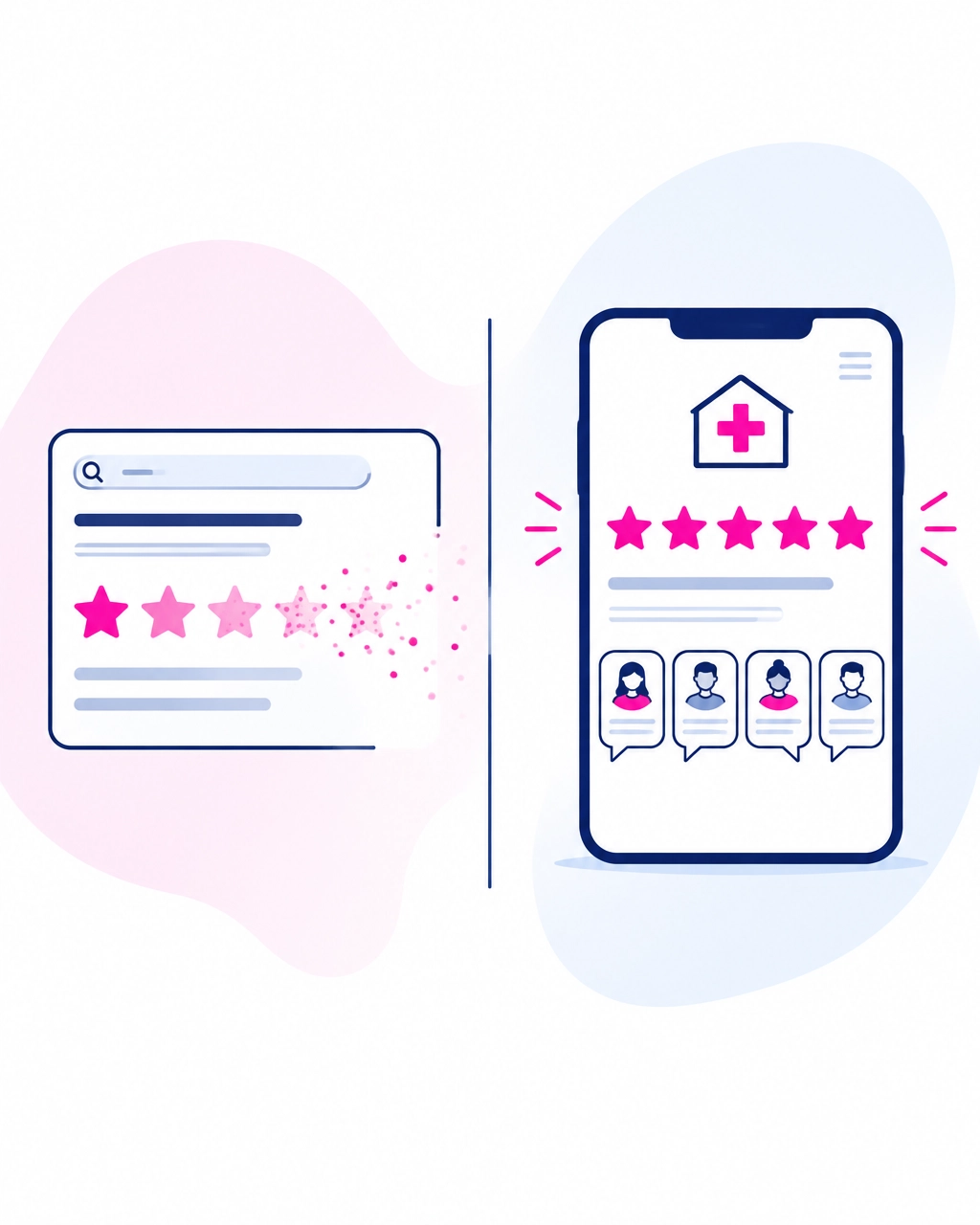 Illustration of a 3-step online booking process with form, profile, and calendar cards