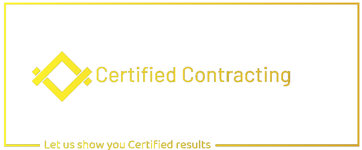 A yellow logo and the text "Certified Contracting" with the slogan "Let us show you Certified results" in a yellow frame.