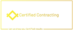 A yellow logo and the text "Certified Contracting" with the slogan "Let us show you Certified results" in a yellow frame.
