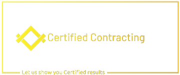 A yellow logo and the text "Certified Contracting" with the slogan "Let us show you Certified results" in a yellow frame.