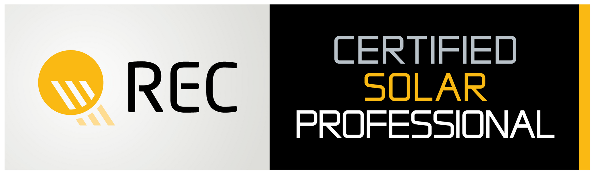 Logo: REC Certified Solar Professional. Yellow sun graphic, black and white text on a light gray and black background.