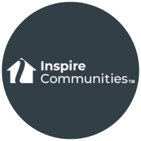 Logo for Inspire Communities: white house icon with flowing line, text 