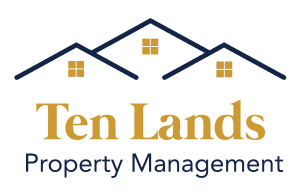 Logo for Ten Lands Property Management, featuring three blue house roof outlines with gold windows and text.