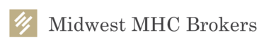 Logo for Midwest MHC Brokers: tan square with angled lines, next to text.