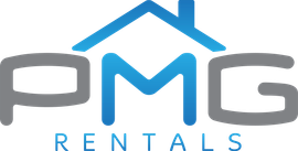 The logo for pmg rentals shows a house with a roof.