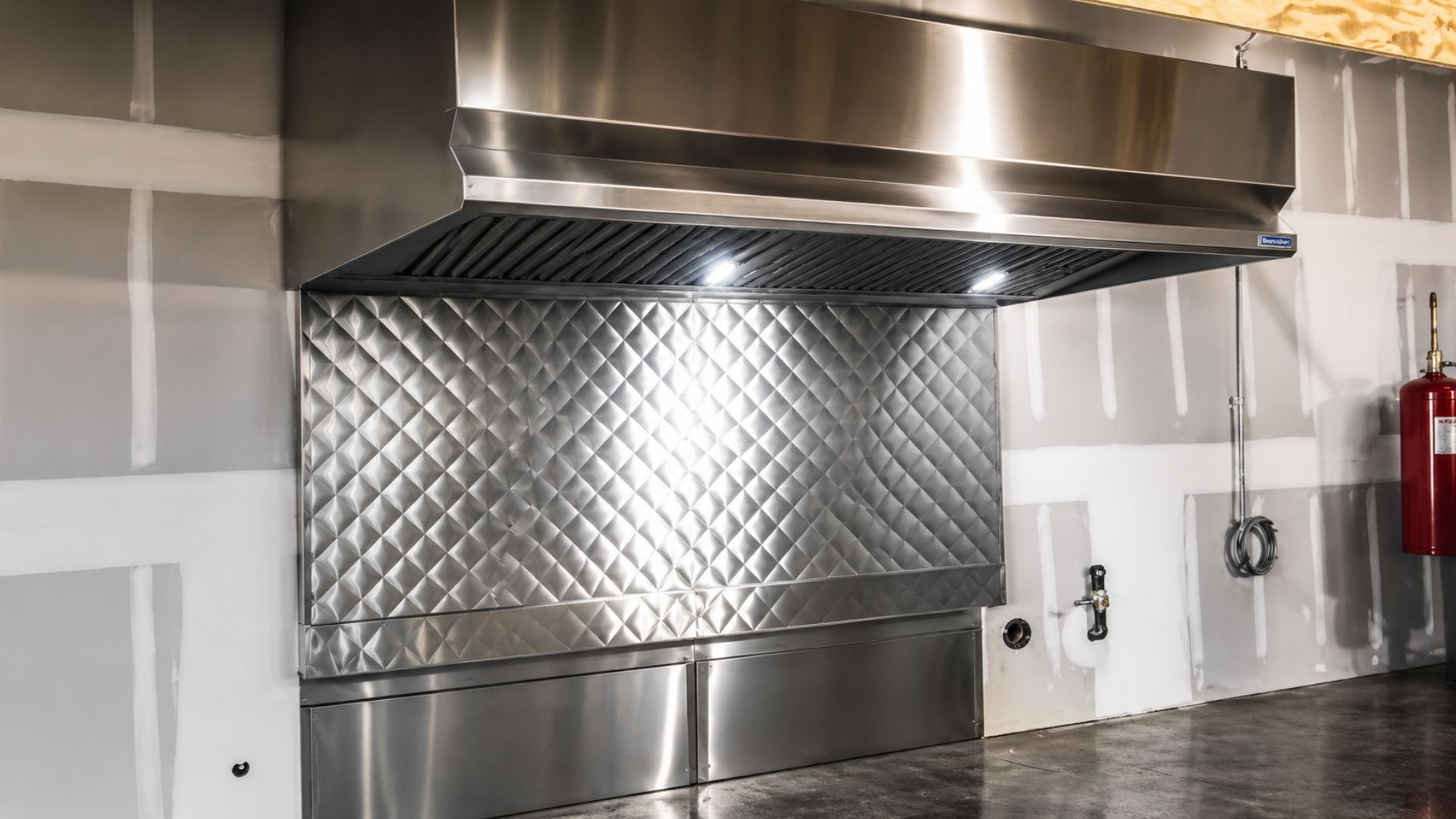 Stainless steel range hood above a quilted metal backsplash in a modern kitchen
