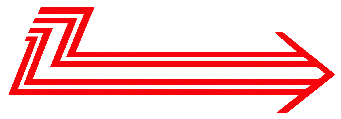 Red stylized right-pointing arrow logo with layered lines and a zigzag tail