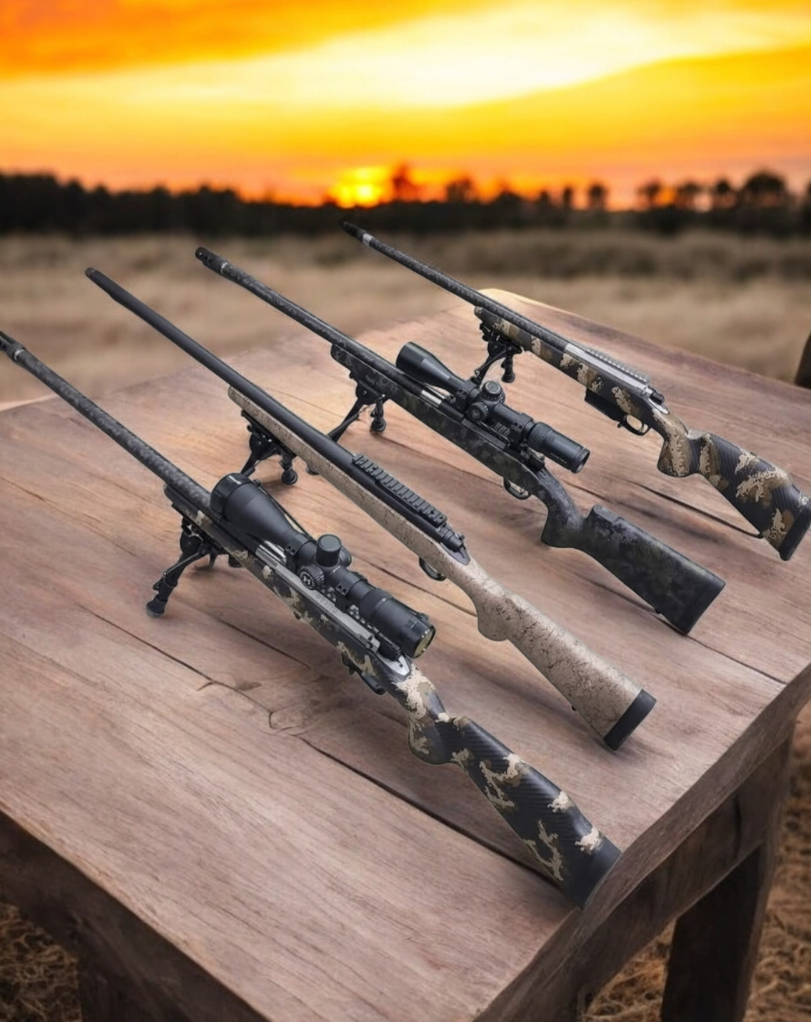 Four sniper rifles are sitting on a wooden table.