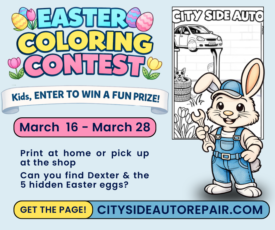Easter coloring contest flyer for City Side Auto, featuring a rabbit mechanic and instructions to find hidden eggs.