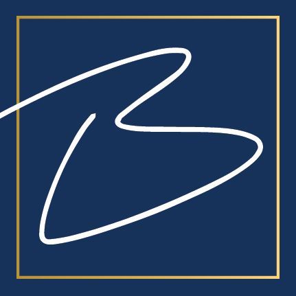 A white letter b is in a square on a blue background.