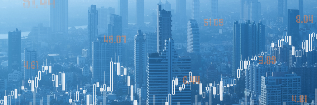 A city skyline with a financial chart in the foreground.