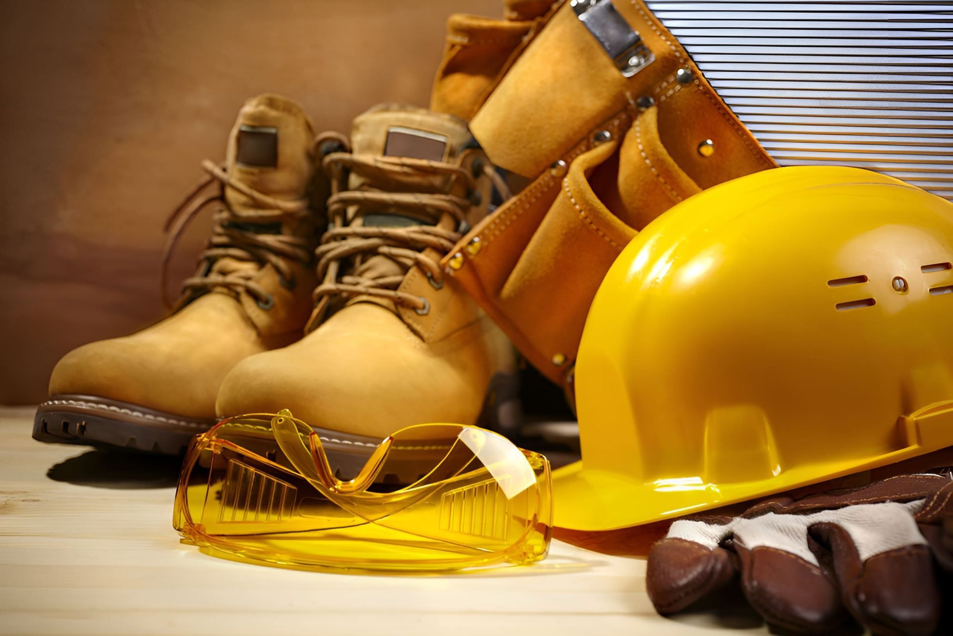 A Pair Of Boots , A Hard Hat , Safety Glasses , And Gloves Are On A Wooden Table — Newcastle Cranes In Cardiff, NSW