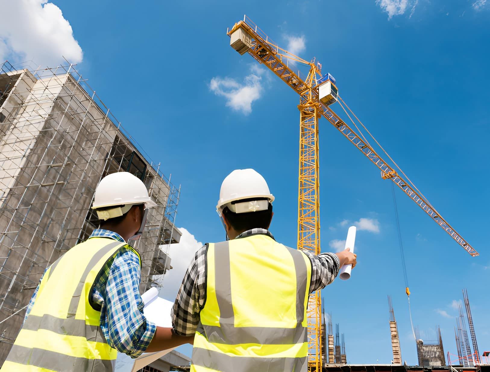 Two Construction Workers Are Looking At A Blueprint At A Construction Site — Newcastle Cranes In Cardiff, NSW