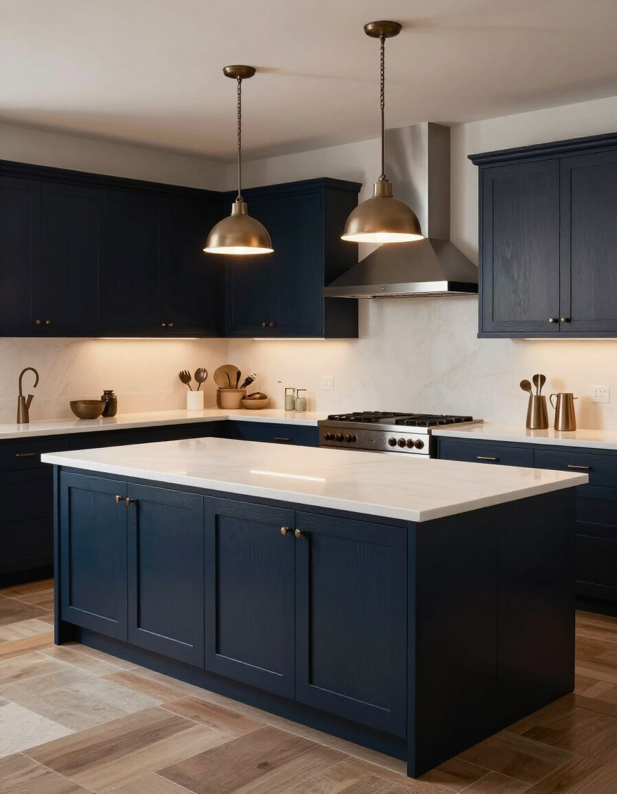 Beautifully remodeled kitchen with dark navy shaker cabinets