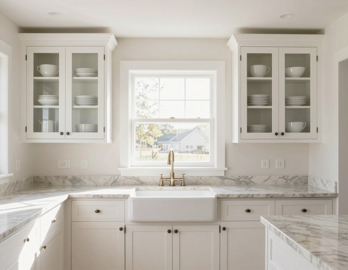 Bright white inset kitchen with glass-front cabinets and Cambria quartz countertops