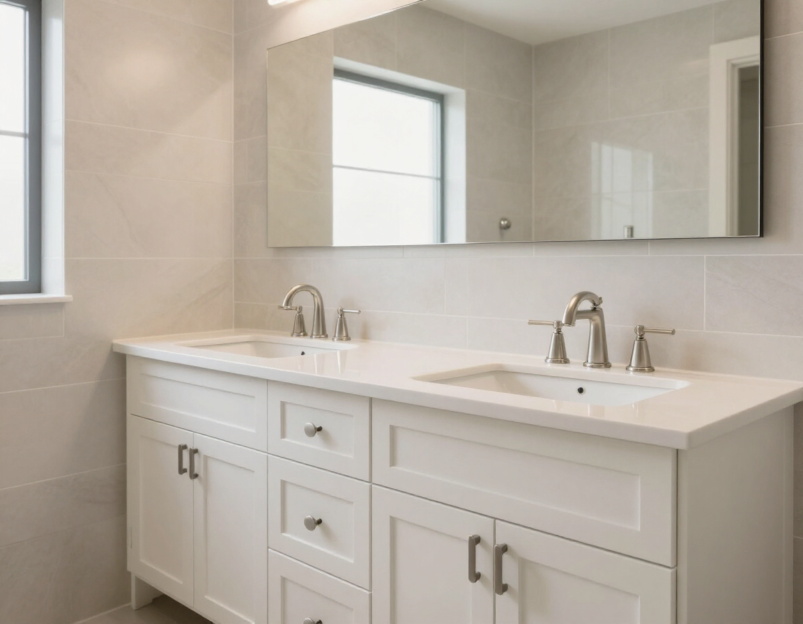 Spa-inspired master bathroom vanity with Craft Maid cabinets and brushed nickel fixtures