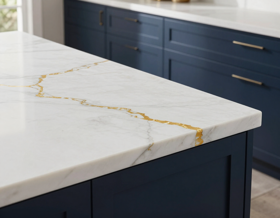 Cambria white and gold veined quartz countertop