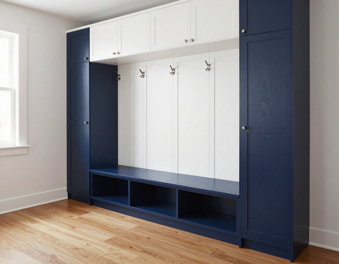 Mudroom cabinetry with built-in bench and cubbies